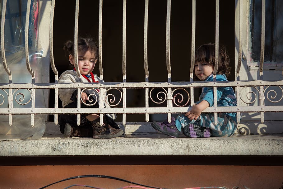 two children sitting on floo, human, person, railing, handrail HD wallpaper