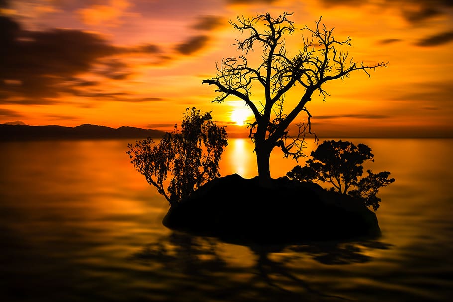 sunset, dawn, waters, dusk, silhouette, evening, reflection HD wallpaper
