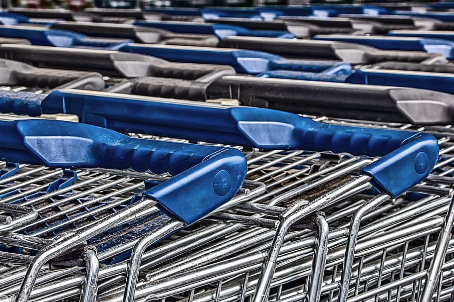 shopping cart, zinc plated, plastic, blue, supermarket, purchasing, HD wallpaper