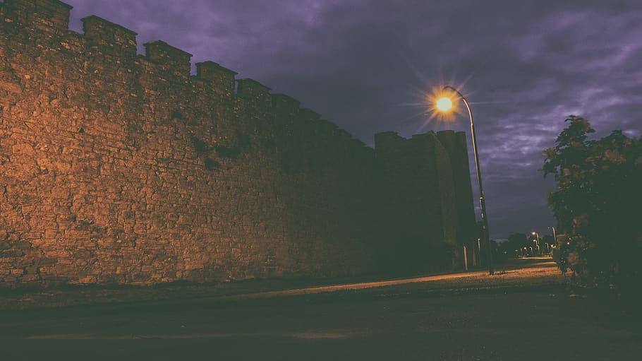 sweden, visby, night, wall, castle, trees, city, architecture HD wallpaper