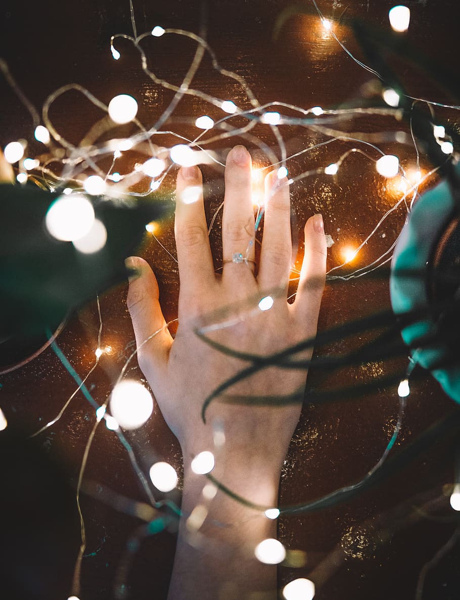 hand, christmas, lights, copper, wire, ring, skin, spirit, illuminated, HD wallpaper