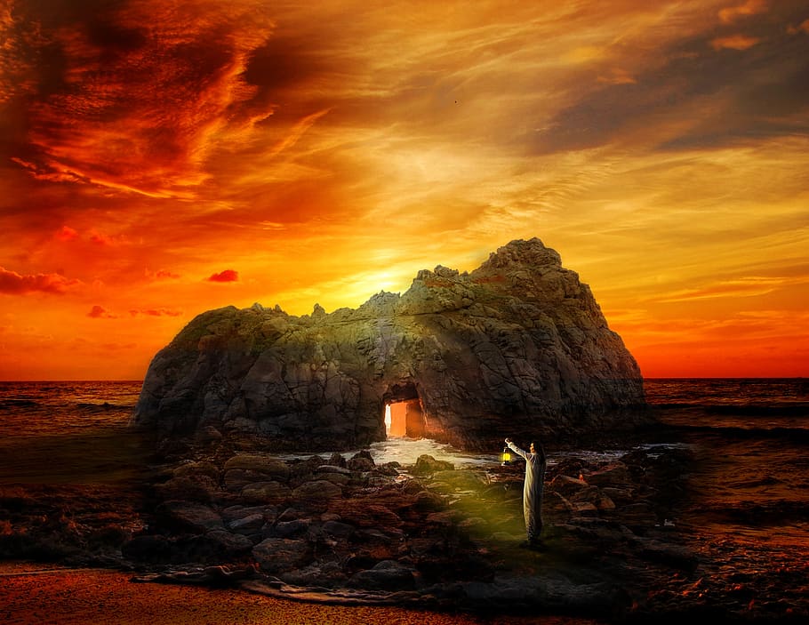 sunset, dusk, dawn, evening, landscape, cave, sea, seashore HD wallpaper