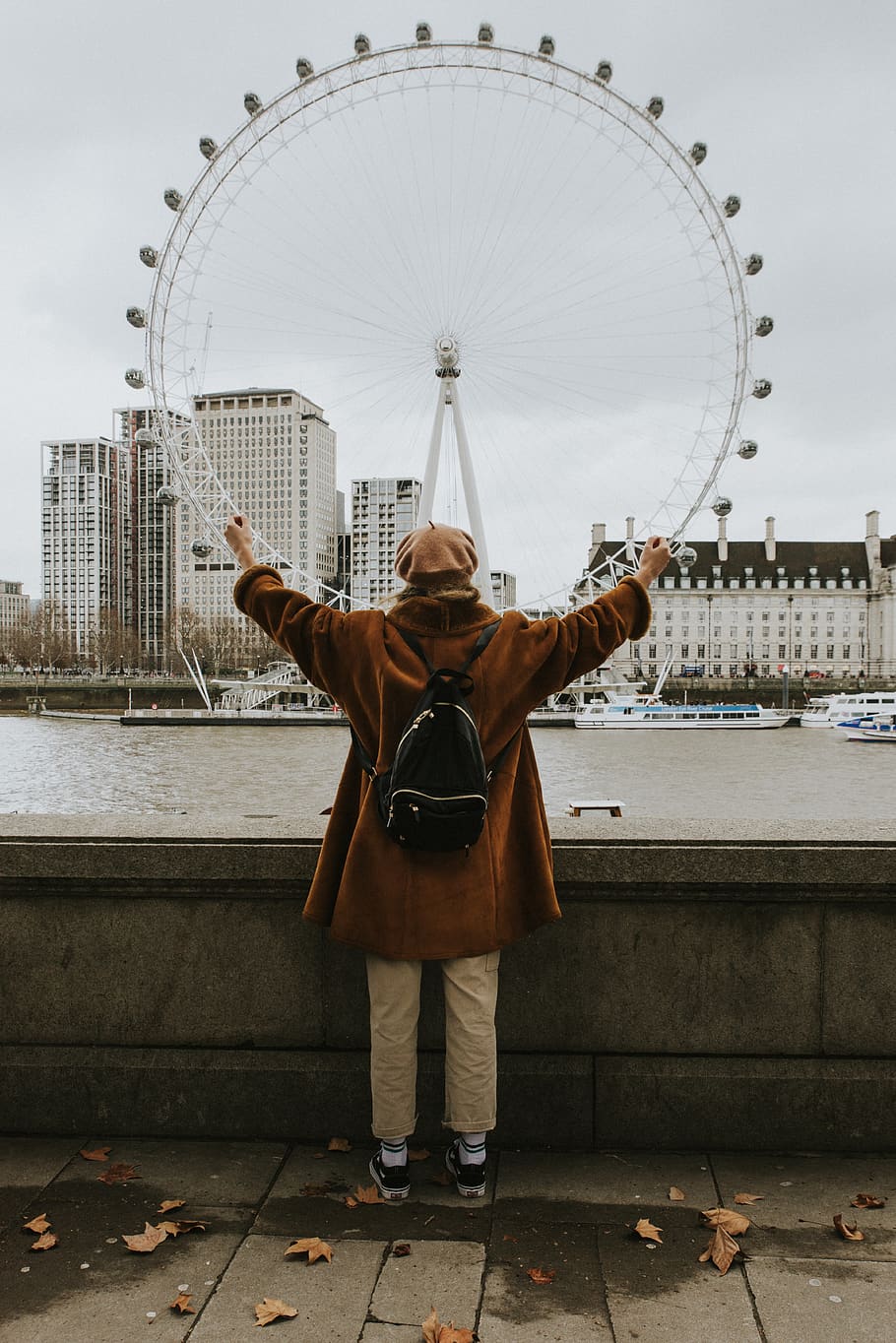 Woman in Brown Coat, architecture, back view, backpack, buildings HD wallpaper
