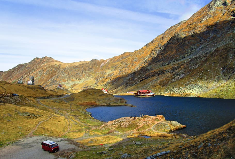 cabin, mountain, lake, water, scenics - nature, beauty in nature HD wallpaper
