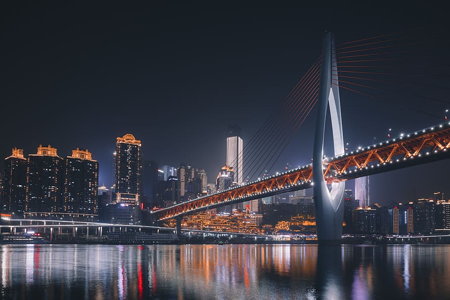 brown suspension bridge, building, city, china, town, urban, office building HD wallpaper
