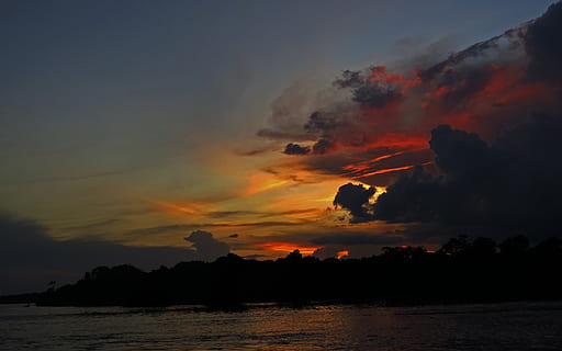 sunset, river, black river, amazon, brazil, jungle, rain forest HD wallpaper