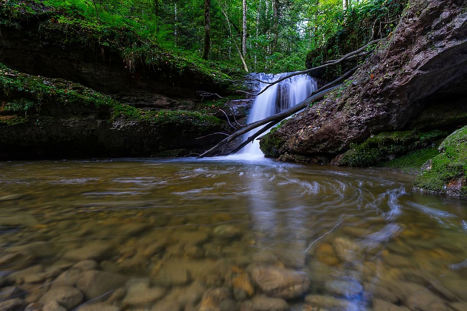 nature, landscape, waterfall, forest, idyllic, scenic, mystical HD wallpaper