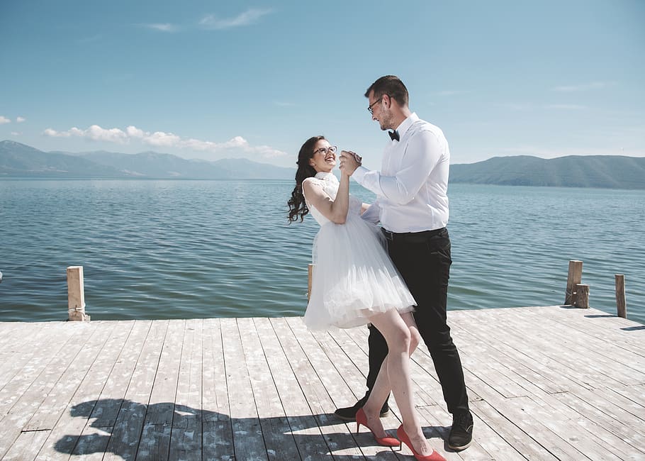 Man and Woman Dancing on Dock, clouds, couple, dance, daylight HD wallpaper