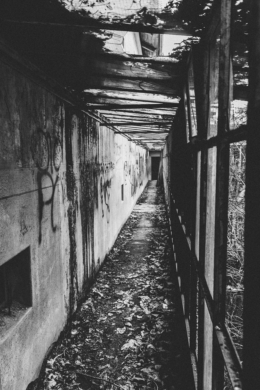corridor, tunnel, bridge, building, colony, black and white HD wallpaper