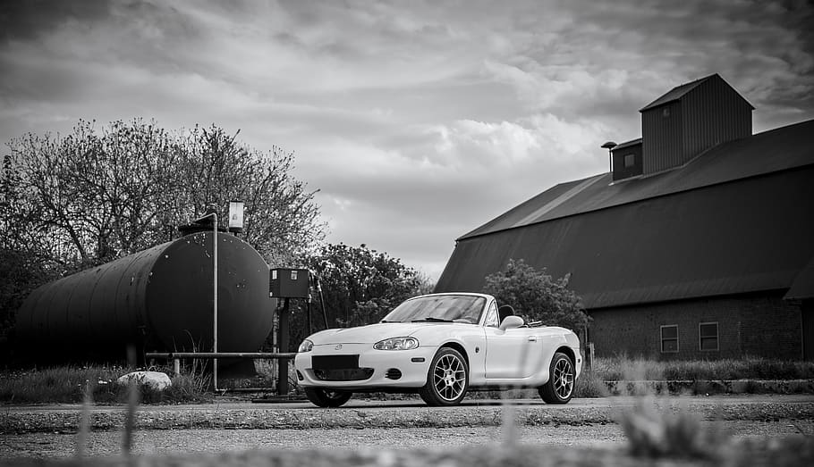 mazda, convertible, roadster, mx5, petrol station, cabrio, dom HD wallpaper
