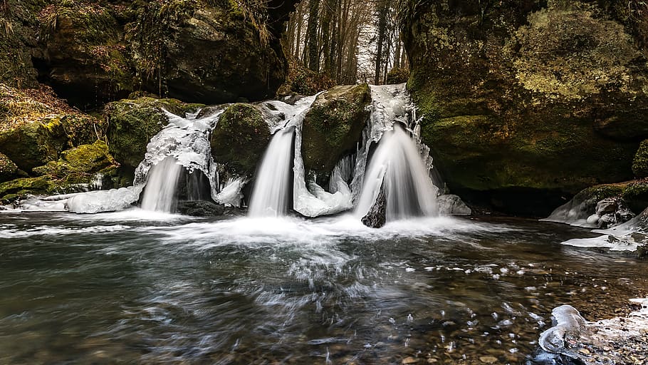 Body of Water Beside Rock, boulder, cascade, environment, flow HD wallpaper