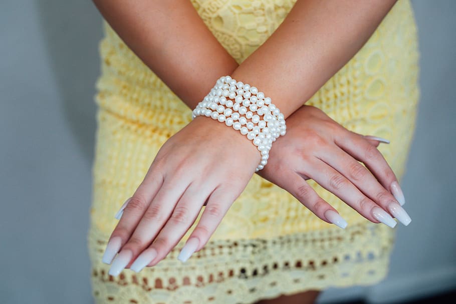 white beaded bracelet, women, human body part, human hand, adult HD wallpaper