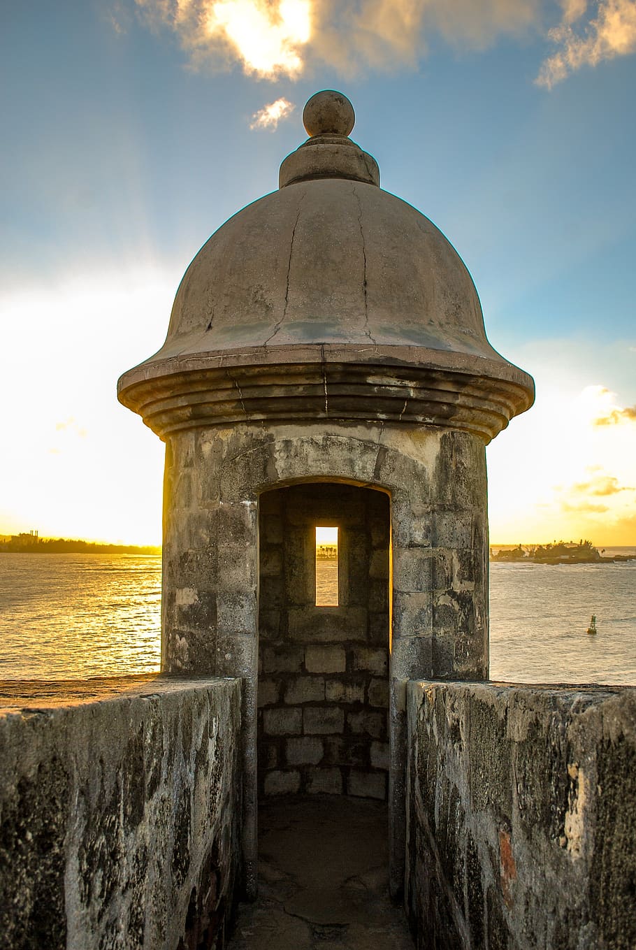puerto rico, castle, lookout, watch, ocean, sunset, sun burst, HD wallpaper