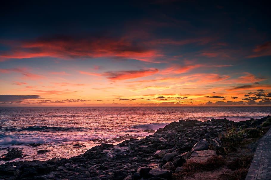 Scenic View of the Beach, clouds, dawn, grass, horizon, idyllic HD wallpaper