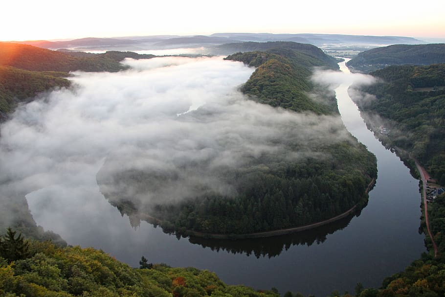 fog, river valley, morning mist, morgenstimmung, saar loop, HD wallpaper