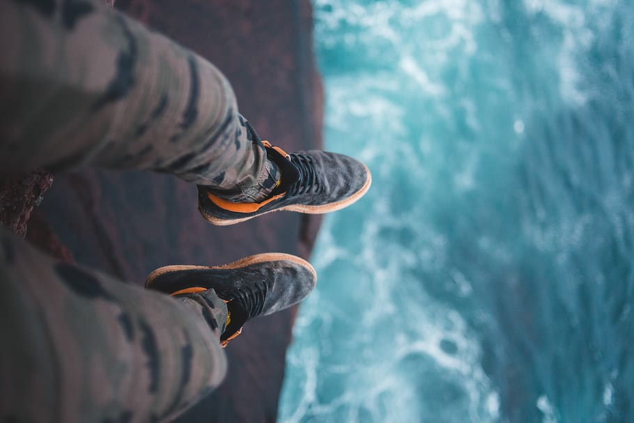 person in black-and-orange lace-up shoes, water, low section, HD wallpaper