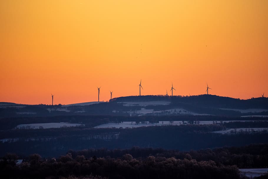 several wind turbines during sunset, sunrise, dawn, nature, outdoors HD wallpaper