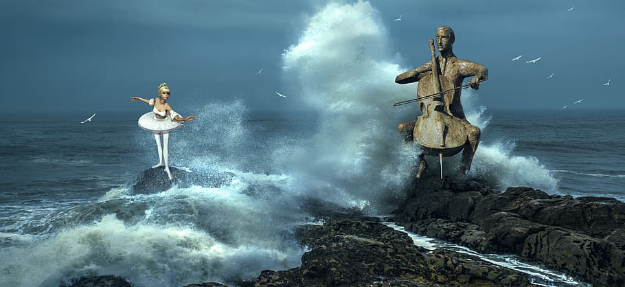 fantasy, surf, dancer, ballet, cello, spray, sea, composing HD wallpaper