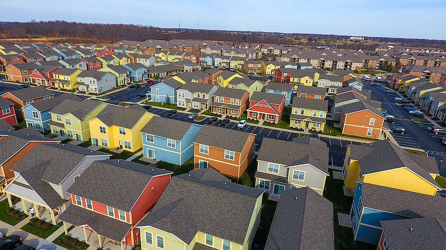 neighborhood, urban, building, roof, suburb, aerial view, transportation, HD wallpaper