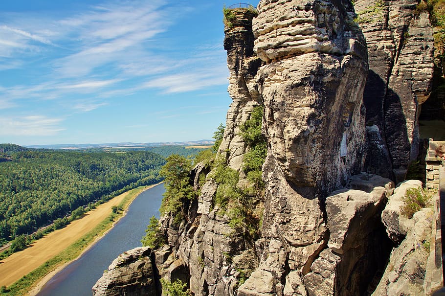 sandstone, rocks, services, germany, elbe, wooded, bank, river HD wallpaper