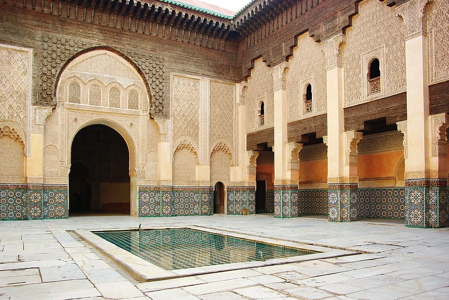 marrakech, patio, decoration, basin, mosaic, art, architecture HD wallpaper