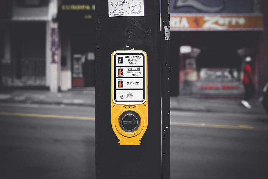 black and yellow traffic light, crossing, button, pressing button, HD wallpaper