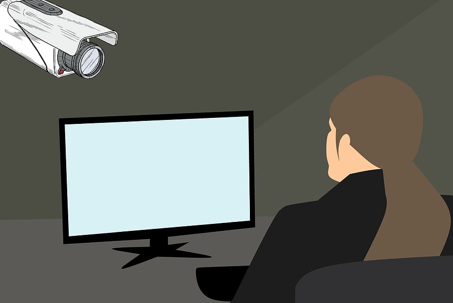 Person sitting in front of a closed circuit television setup with camera. Illustration.