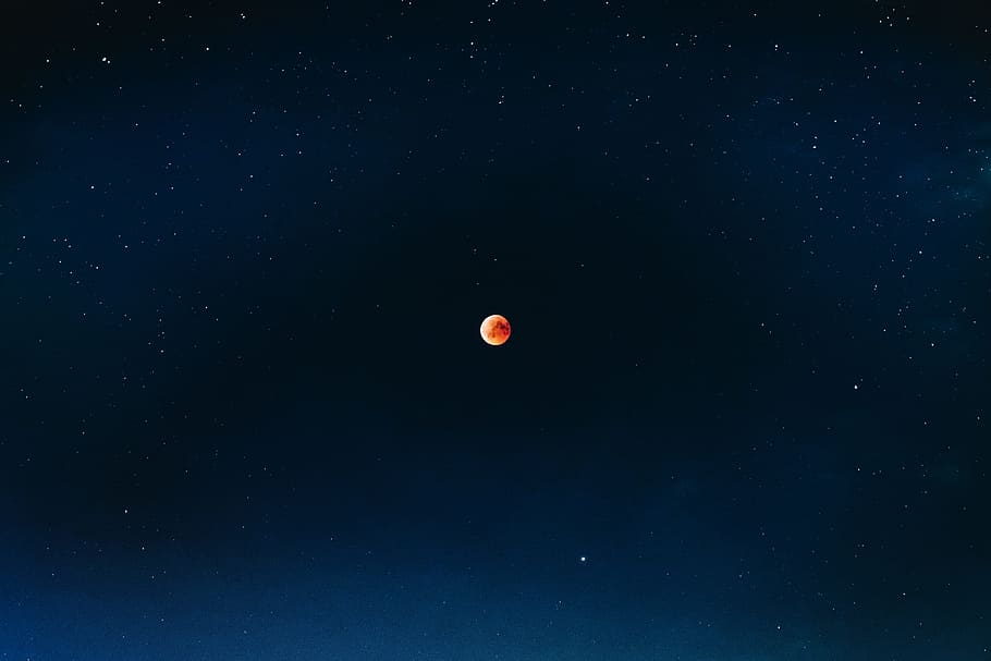 red moon, star, darkness, light, sky, night, planet, universe