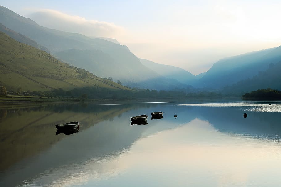 lake, calm, reflection, landscape, water, tranquil, blue, peaceful HD wallpaper