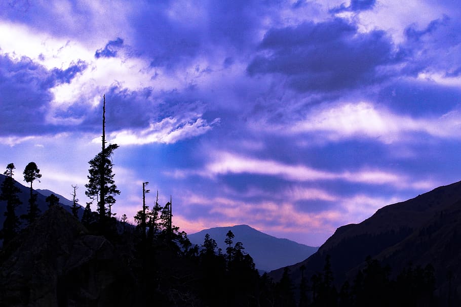 purple clouds over mountains, nature, outdoors, tree, sky, plant HD wallpaper