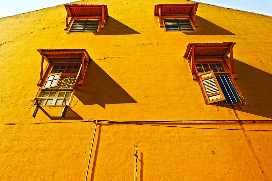 yellow, wall, building, windows, shutters, architecture, built structure HD wallpaper