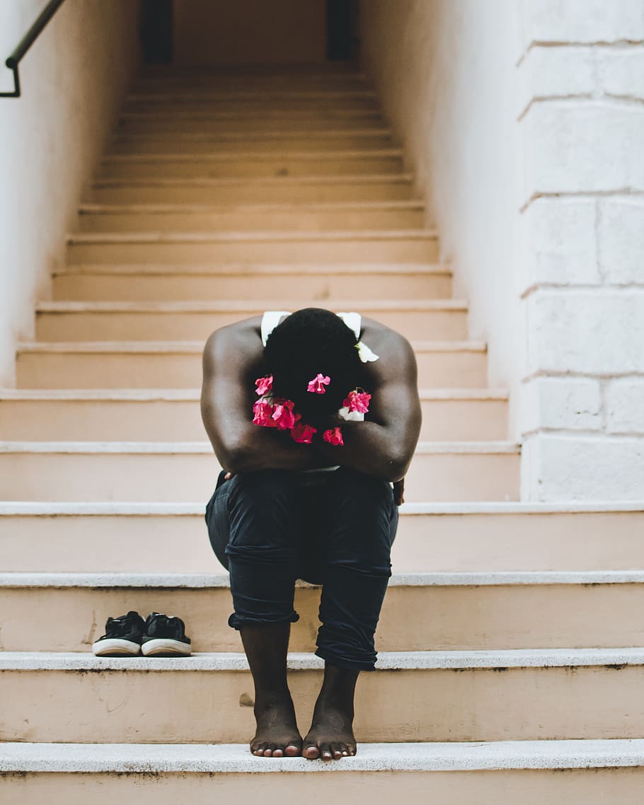 Man Sitting on Stair Wearing White Tank Top and Black Jeans, stairway HD wallpaper