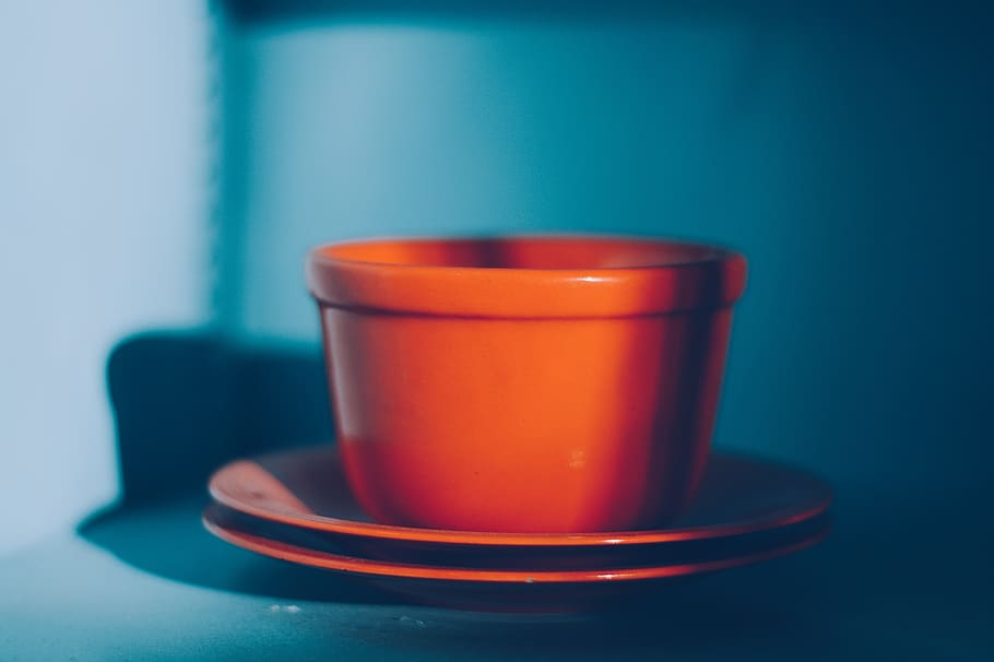 orange teacup, red, focus on foreground, indoors, table, no people HD wallpaper