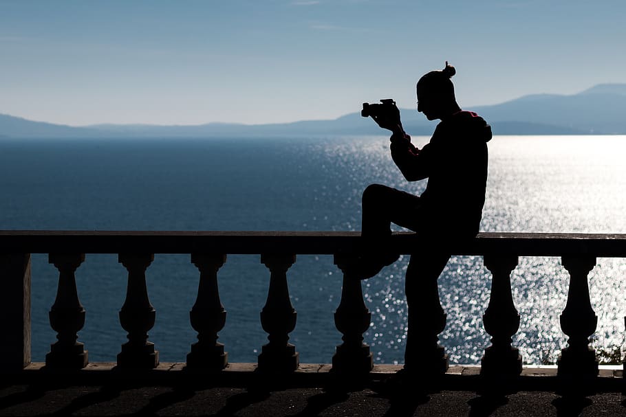 silhouette, man, camera, sea, mountains, port, pier, outdoor HD wallpaper