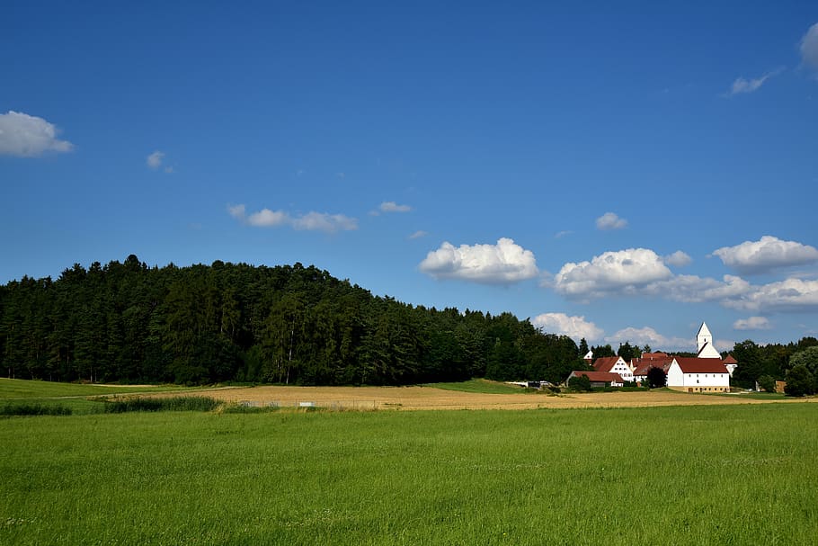 landscape, sky, clouds, nature, blue, green, meadow, forest HD wallpaper