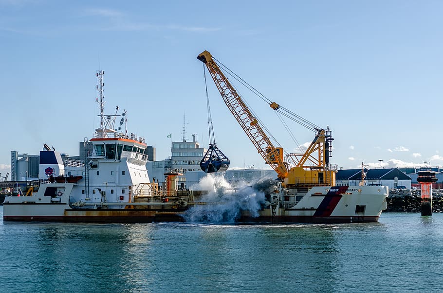 boat, crane, water, ship, dredge, port, sky, crane - construction machinery