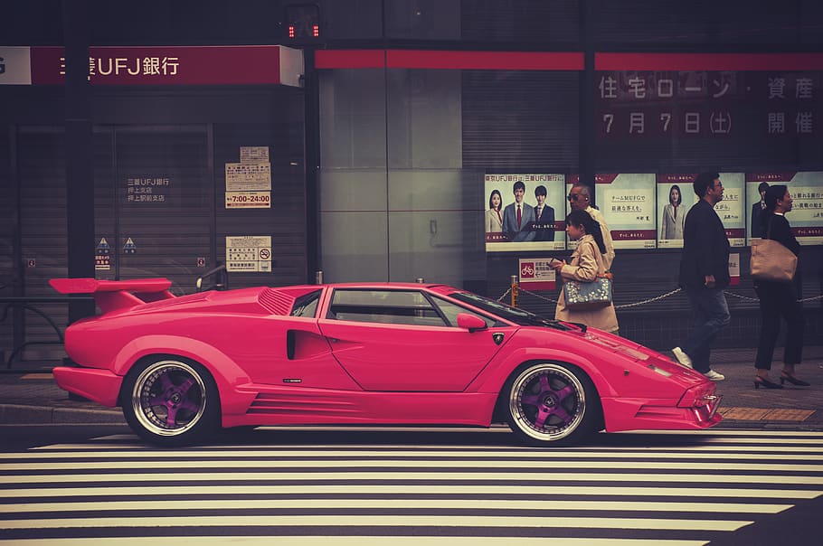 car, lamborghini, countach, pink, street, mode of transportation HD wallpaper