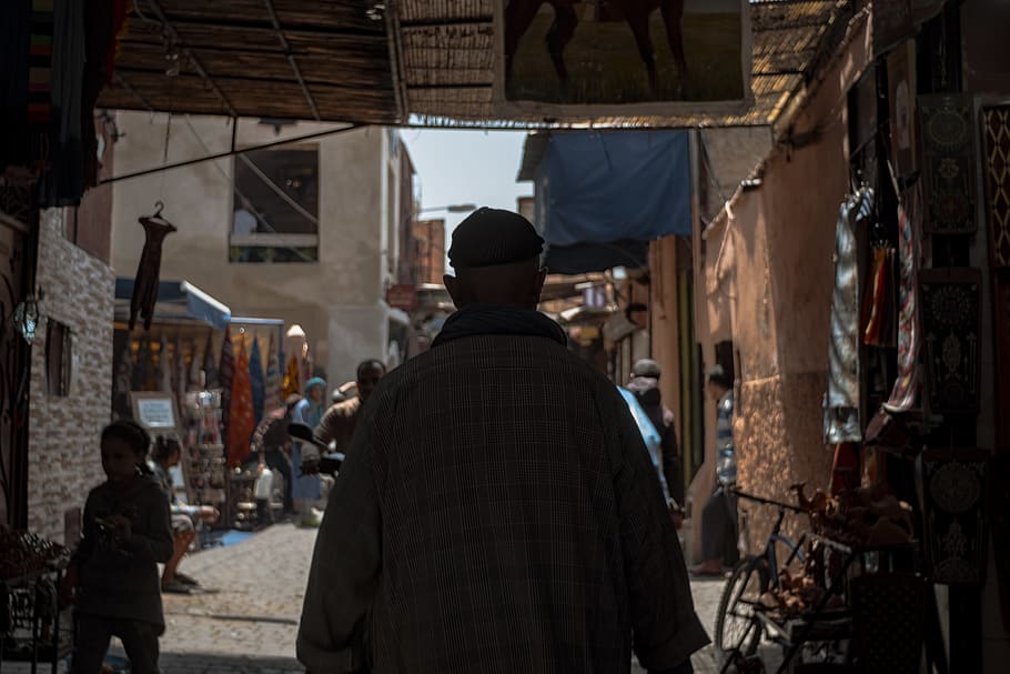 man walking on pathway, person, people, human, morocco, street, HD wallpaper