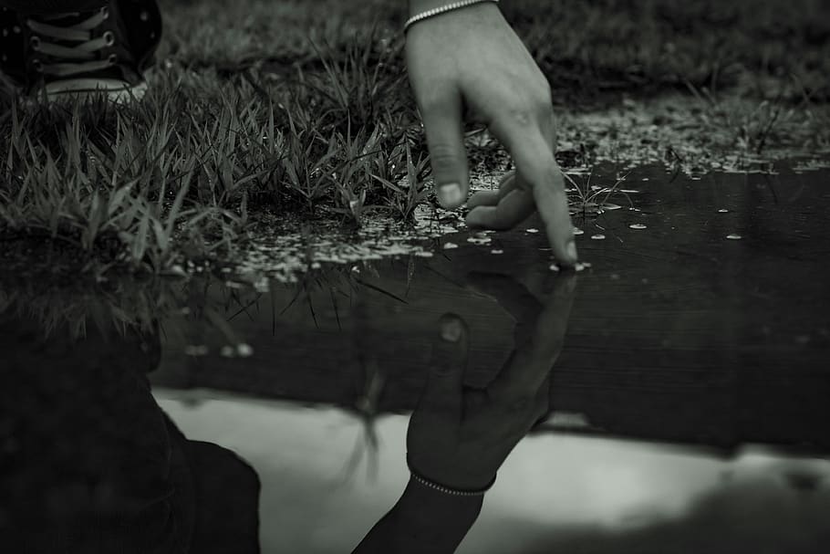 black and white, reflection, hand, rain, puddle, water, women, HD wallpaper
