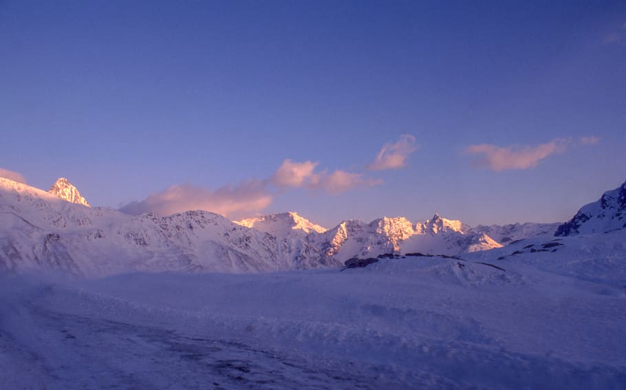 snow, blue, pink, mountains, mountain range, road, winter, cold temperature HD wallpaper