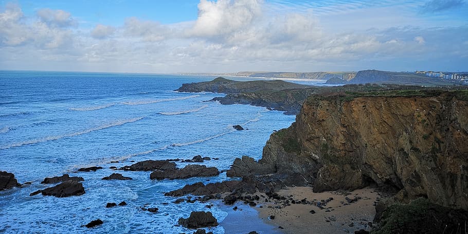 cornwall, coast, ocean, sea, waves, riches, clouds cliffs, water HD wallpaper