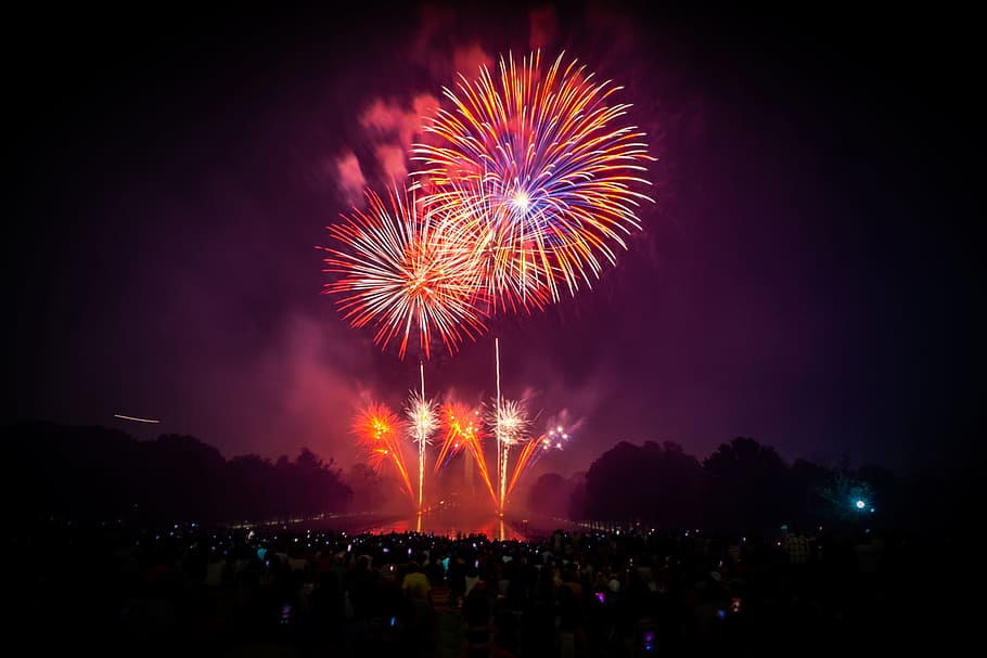 photo of firework display, celebration, explosion, crowd, dark HD wallpaper