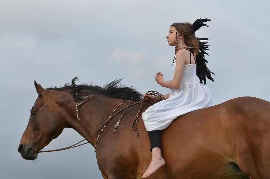 girl, rider, horse, bay, native american, bareback, riding