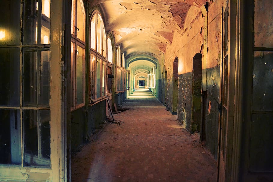 germany, beelitz, ward, hall, way, doors, urbex, building, old HD wallpaper