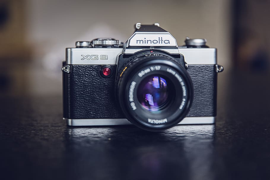 Minolta Silver and Black 35 Mm Camera, lens, macro, SLR, vintage HD wallpaper