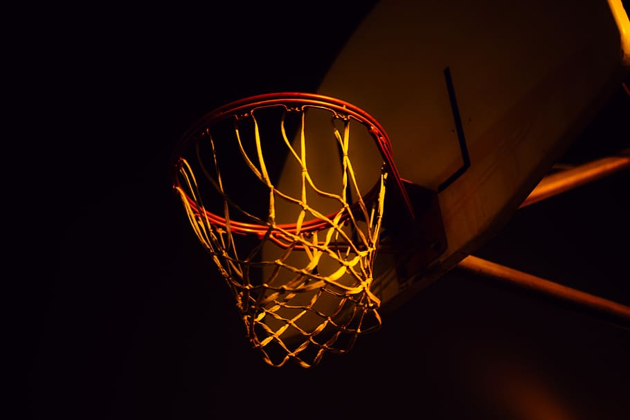 red and white basketball hoop with net, banister, handrail, lamp, HD wallpaper