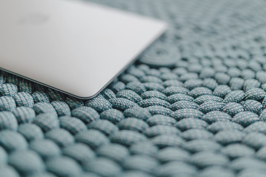 MacBook Laptop on a blue pouf, tech, technology, ottoman, selective focus HD wallpaper