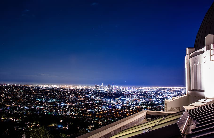 aerial view of buildings, night life, outdoors, los angeles, united states