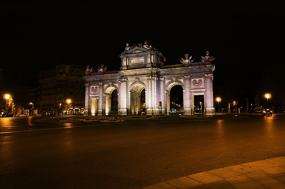 puertum, alcalá, architecture, night, madrid, illuminated HD wallpaper