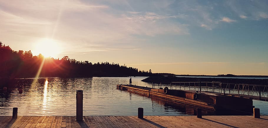 sweden, furuvik, trees, sea, pier, ocean, lake, sky, water HD wallpaper